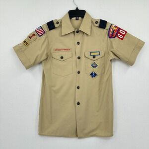 Vintage Boy Scout Of America Shirt Youth Large Tan Button Up Uniform Patches USA